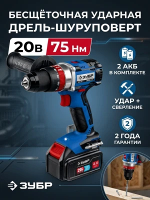 Бесщеточная ударная дрель-шуруповерт ЗУБР Профессионал DBS-201-42 20В 2 АКБ 4Ач